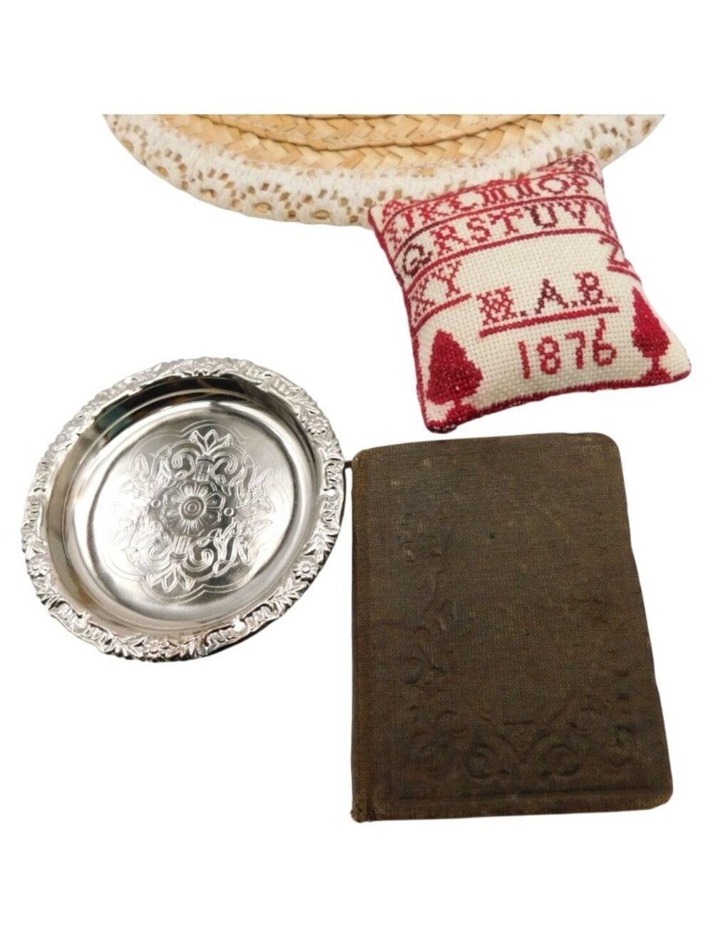 Lot of 18" Lace Trim Doll Accessories Hat Needlepoint Pillow Book Silver Plate - Picture 2 of 6